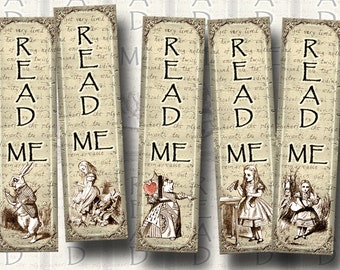 Alice In Wonderland - 12 Mini Primitive Bookmarks -1.33"x5" -Instant Download- Printable Collage Sheet  JPG Digital File