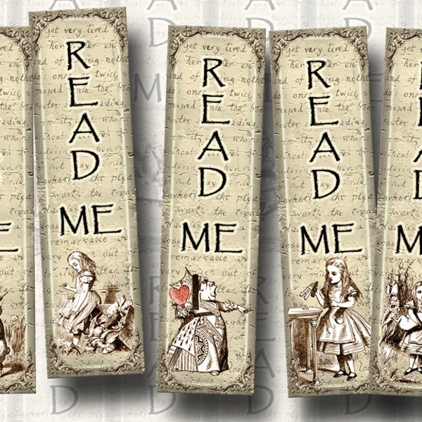 Alice In Wonderland - 12 Mini Primitive Bookmarks -1.33"x5" -Instant Download- Printable Collage Sheet  JPG Digital File