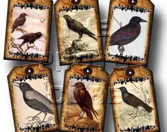 Crows/Ravens PRiMiTiVe & TaTTeReD Vintage Graphics Mini Hang/Gift Tags -INSTaNT DOWNLoAD- Printable Collage Sheet Download JPG Digital File