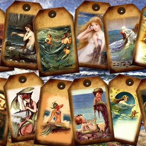 Meerjungfrauen, Meeresjungfrauen, Sirenen – CHaRMiNG pRiMiTiVe Vintage Art Hang/Geschenkanhänger – SOFORT-DOWNLOAD – druckbares Collage-Blatt, digitale JPG-Datei