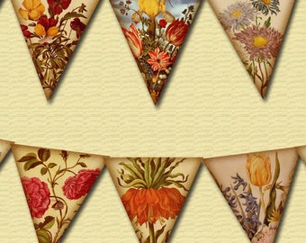 Vintage Shabby Chic Floral Banner -10 Small Pennants/Flags -INSTaNT DOWNLoAD- Printable Collage Sheet  JPG Digital File