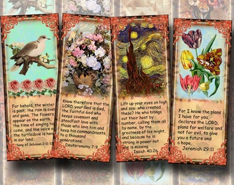 Inspirational Bible Verse Bookmarks-8 Vintage Art Bookmarks -2"x5"-INSTaNT DOWNLoAD- CHaRMiNG Printable Collage Sheet JPG Digital File