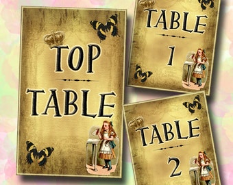 Alice In Wonderland Table Number Cards-Top Table & Tables 1-18 Great For Wedding Receptions- FiVE Printable Collage Sheets JPG Digital File