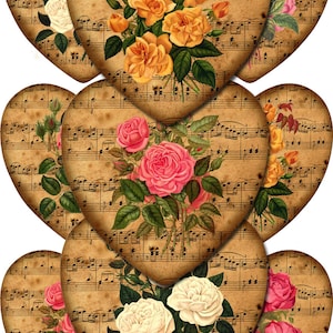 Primitive Hearts-CHaRMiNG Music & RoseS-INSTaNT DOWNLoAD- Digital Collage Sheet Printable Download gift tags, price labels, paper crafts