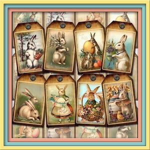 pRiMiTiVe "Easter Bunnies" ViNtAgE ArT Hang/Gift Tags/paper crafts- INSTaNT DOWNLoAD- Printable Collage Sheet Download JPG Digital File