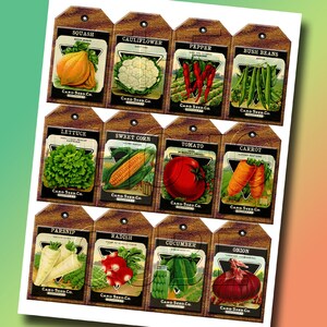 VeGeTaBLe SeeD PaCkETs Primitive ViNtAgE ArT Tags/Labels/Cards INSTaNT DOWNLoAD Printable Collage Sheet Download JPG Digital File image 2