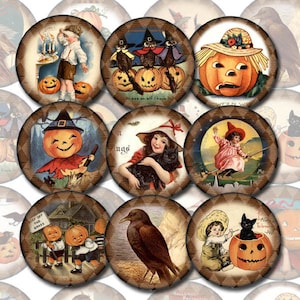 20 círculos de imágenes vintage de Halloween primitivas de 2&quot; con arte alterado - DESCARGA INSTANTÁNEA - Hoja de collage imprimible, archivo digital JPG