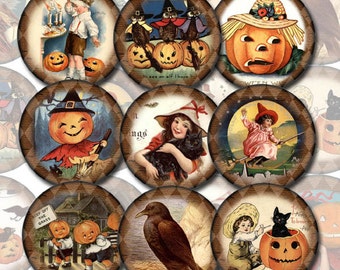 20 Primitive Halloween 2&quot; Altered ARt Vintage Images Circles - INSTaNT DOWNLoAD- Printable collage sheet JPG Digital File