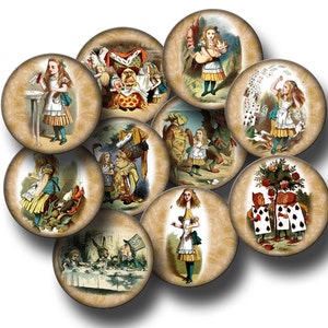 Op de afbeelding: Een verzameling ronde, vintage-stijl afbeeldingen met illustraties uit Alice in Wonderland. Elke afbeelding toont een andere scène met Alice en andere personages tegen een getextureerde, sepia-getinte achtergrond.