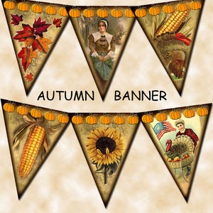 FaLL / AuTUMN /  PRiMiTiVE HaRVEST Banner- PeNNANTS / FLaGS / BuNTING - INSTaNT DOWNLoAD - Printable Collage Sheet JPG Digital File