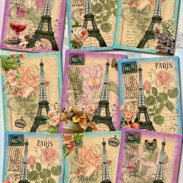 EIFFEL Tower Frans Parijs -Romantische Hang Gift Tags/kaarten/Labels - INSTANT DOWNLOAD- CHaRMiNG Afdrukbaar Collageblad JPG Digitaal Bestand