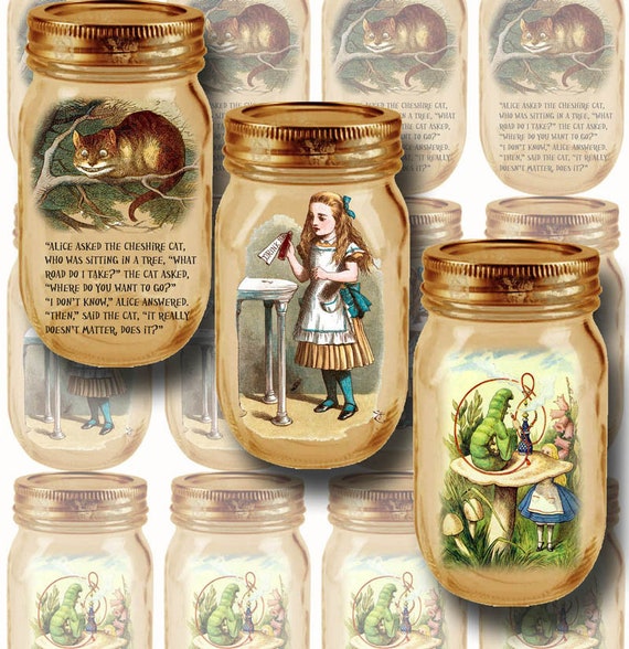 Alice In Wonderland- Mason Jar Hang/Gift Tags Cheshire Cat, Drink Me, Caterpillar-INSTaNT DOWNLoAD- Printable Collage Sheet JPG Digital File Il_570xn