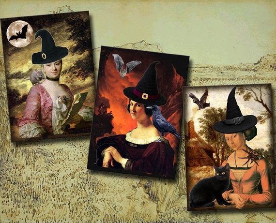 Steampunk Witches- Vintage Art Tags/Cards-INSTaNT DOWNLoAD- Printable Collage Sheet JPG Digital File Il_570xn