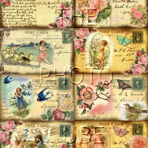 May include: A collage of vintage postcards featuring floral designs, fairies, birds, and handwritten messages. The postcards are in shades of pink, blue, green, and brown, with a distressed, aged look. The text on the postcards includes greetings, names, and locations.