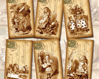 Alice In Wonderland -Antiqued Vintage ARt PostCard Tags/CaRDS -INSTaNT DOWNLoAD- Printable Collage Sheet JPG Digital File