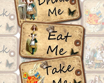 Drink Me, Eat Me, Take Me, Alice in Wonderland Tags- INSTaNT DOWNLoAD - Printable Collage Sheet JPG Digital File-DIY Wedding Favor Tags