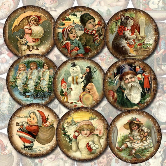 Christmas Days Gone By - Set of 20 Vintage Art 2 inch Circles -Instant Download- Printable collage sheet JPG Digital File Il_570xn