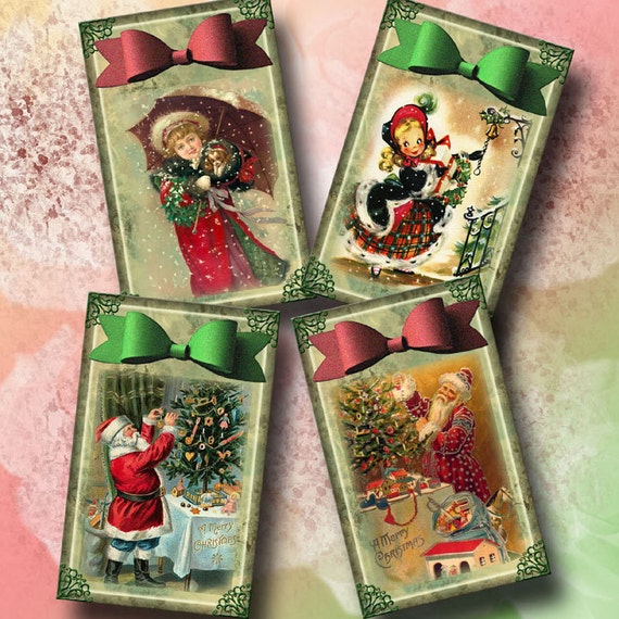 Chirstmas Tags with 3 Dimensional Bows-Lovely Vintage Art Gift Tags- Ornaments- INSTaNT DOWNLoAD -Printable digital collage sheet JPG File Il_570xn