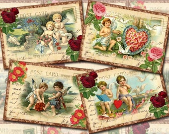 VaLENTINE Tags/Cards- Vintage Altered Art Post Cards -INSTaNT DOWNLoAD- Print Your Own Collage Sheet JPG Digital File