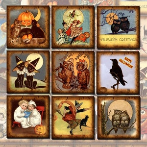 Halloween PriMiTiVe Art 2x2 Tags-Owls Witches Crows Black Cats- Printable Collage Sheet Download JPG Digital File