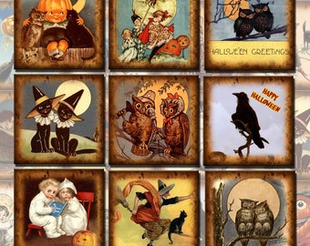 Halloween PriMiTiVe Art 2x2 Tags-Owls Witches Crows Black Cats- Printable Collage Sheet Download JPG Digital File