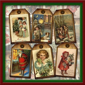 Christmas Vintage Graphics Hang/Gift Tags -Santa Claus, Snow, Sledding, Children- INSTaNT DOWNLoAD- Printable JPG digital collage sheet