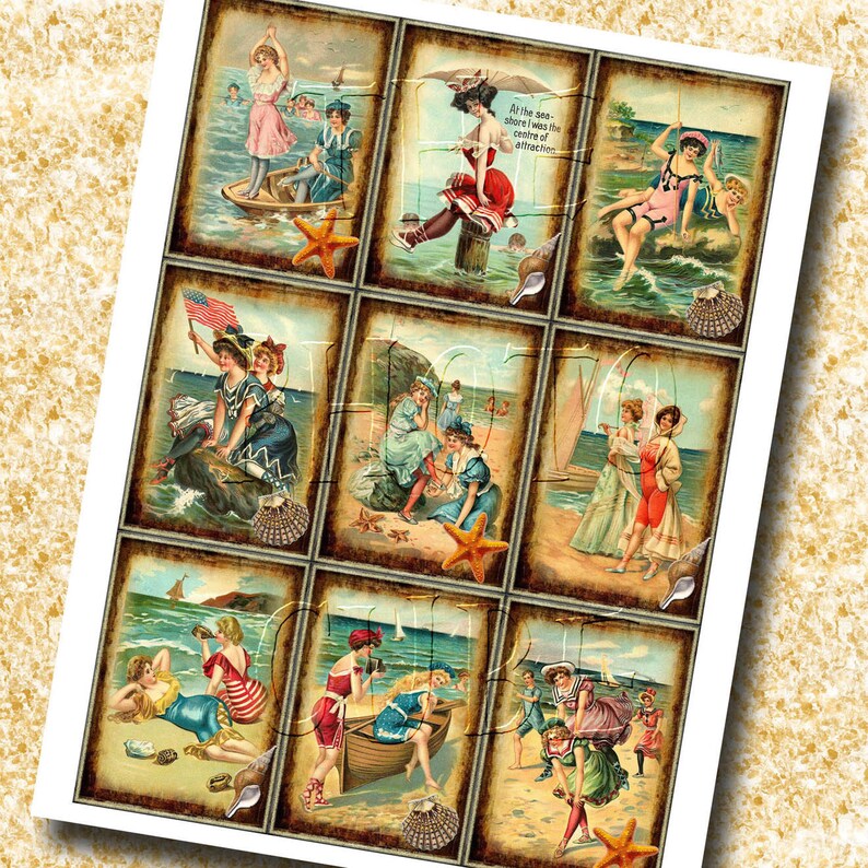 BeACH Fun-Playing By the Ocean-ViNtAgE ILLusTration Tags/Labels/CaRDS INSTaNT DOWNLoAD Printable Collage Sheet JPG Digital File image 2