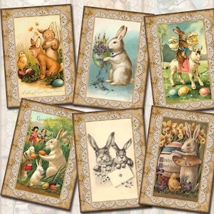 Easter Bunny Rabbit Vintage Art Hang/Gift Tags/Cards - INSTaNT DOWNLoAD -Printable Collage Sheet JPG Digital File