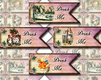 Drink Me -Drinking Straw Tags/Labels/Flags-Whimsical Alice In Wonderland - INSTaNT DOWNLoAD - Printable Collage Sheet JPG Digital File