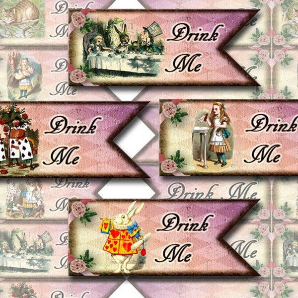 Drink Me -Drinking Straw Tags/Labels/Flags-Whimsical Alice In Wonderland - INSTaNT DOWNLoAD - Printable Collage Sheet JPG Digital File