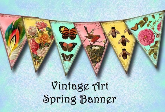 Vintage Shabby Chic NatureFlags Bunting Banner Pennants- Instant Download - Printable digital collage sheet JPG Digital File Il_570xn