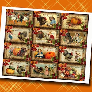 Thanksgiving Fall/Autumn-12 pRiMiTiVe gRunGeD Vintage Art Postcard Tags-INSTaNT DOWNLOaD- Printable Collage Sheet  JPG Digital File