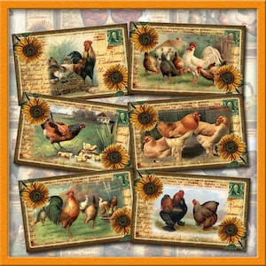 RoOSTER/Chicken PoStCaRds-Antiqued Vintage Art Tags/Cards-INSTaNT DOWNLoAD- Printable Collage Sheet- JPG Digital File