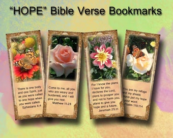 Bible Verse Bookmarks/Tags - 8 "HOPE" Bible Verses with Lovely Floral Art - INSTaNT DOWNLoAD - Printable Collage Sheet Jpg Digital File