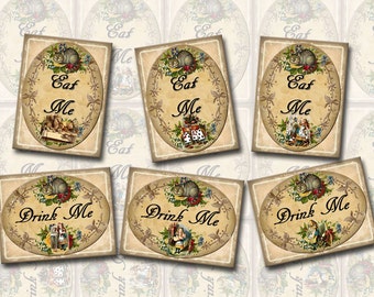 Alice in Wonderland- Beautiful Victorian Style "Drink Me"  "Eat Me" mini Tags - INSTaNT DOWNLoAD - Printable Collage Sheet JPG Digital File