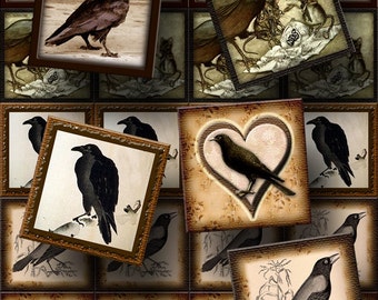 Crows and Ravens- PRiMiTiVE Vintage Art 2" tags/cards-INSTaNT DOWNLoAD- Printable Collage Sheet JPG Digital File