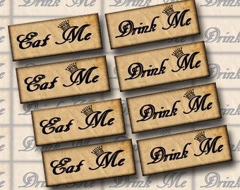 Set of 56 Tiny Rustic DRiNK Me & Eat Me Alice In Wonderland Hang TaGs - INSTaNT DOWNLOaD - digital JPG File collage sheet -party favors