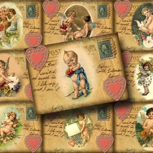 Set di 9 cartoline CUPIDO anticate, etichette regalo/da appendere vintage - Biglietti - INSTaNT DOWNLoAD - Foglio di collage digitale stampabile in formato JPG