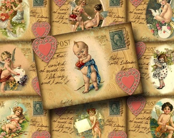 Set of 9 Antiqued CUPID Postcard Vintage Hang/Gift Tags- Cards - INSTaNT DOWNLoAD - Printable digital collage sheet JPG File