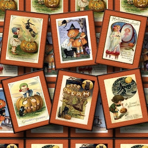 Halloween Primitive Vintage Art Mini Hang Tags/Cards - INSTaNT DOWNLoAD - Printable Collage Sheet JPG Digital File-witch, black cat, more