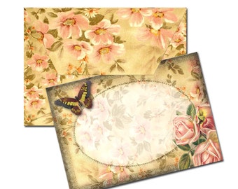 Mini Note Cards w/Envelope Template - Butterfly & Roses -TWO Printable Collage Sheets JPG Digital Files