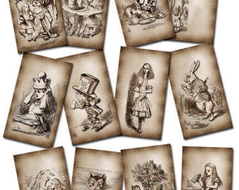 Alice In Wonderland- PRiMiTiVE GRuNGED Vintage Art Tags/Cards -INSTaNT DOWNLoAD-  Printable Collage Sheet JPG Digital File