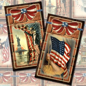 Etiquetas rústicas vintage para colgar o regalar con motivos americanos patrióticos. Dios bendiga a Estados Unidos. Descarga instantánea. Hoja de collage imprimible. Archivo digital JPG.