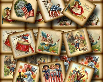 Patriotic Americana- CHaRMiNG PriMiTiVe 2 inch Vintage Art Mini Tags/Tiles/Cards- INSTaNT DOWNLoAD- Printable Collage Sheet JPG Digital File