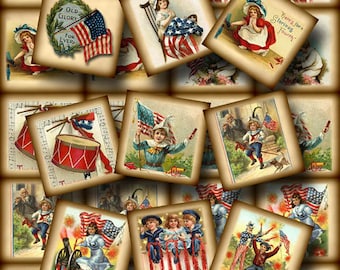 Patriotic Americana- CHaRMiNG PriMiTiVe 2 inch Vintage Art Mini Tags/Tiles/Cards- INSTaNT DOWNLoAD- Printable Collage Sheet JPG Digital File