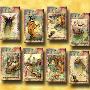 Può includere: Otto illustrazioni in stile vintage con fate, sirene e creature mitiche. Le illustrazioni sono incorniciate in uno stile rustico e usurato con uno sfondo marrone chiaro.