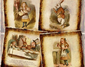 ALiCE In WonDERLAND-CHaRMiNG Primitive Vintage Art 4x4 Square Tiles- INSTaNT DOWNLoAD - Printable Collage Sheet JPG Digital File