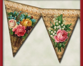 Vintage Rose Bouquet w/ Music Banner- Set of 6 Pennants - Instant Download - Printable Collage Sheet JPG Digital File