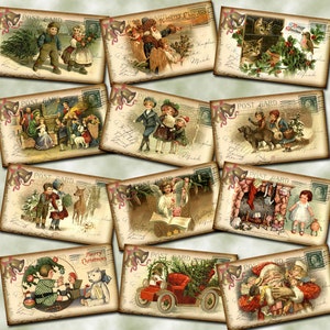 Christmas Holiday PostCard Vintage Hang/Gift Tags -Santa Clause, Car, Family- INSTaNT DOWNLoAD- Printable digital collage sheet