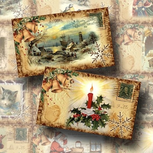 Set of 12 Antiqued Christmas Postcard Vintage Hang/Gift Tags- Cards - INSTaNT DOWNLoAD- Printable digital collage sheet JPG File